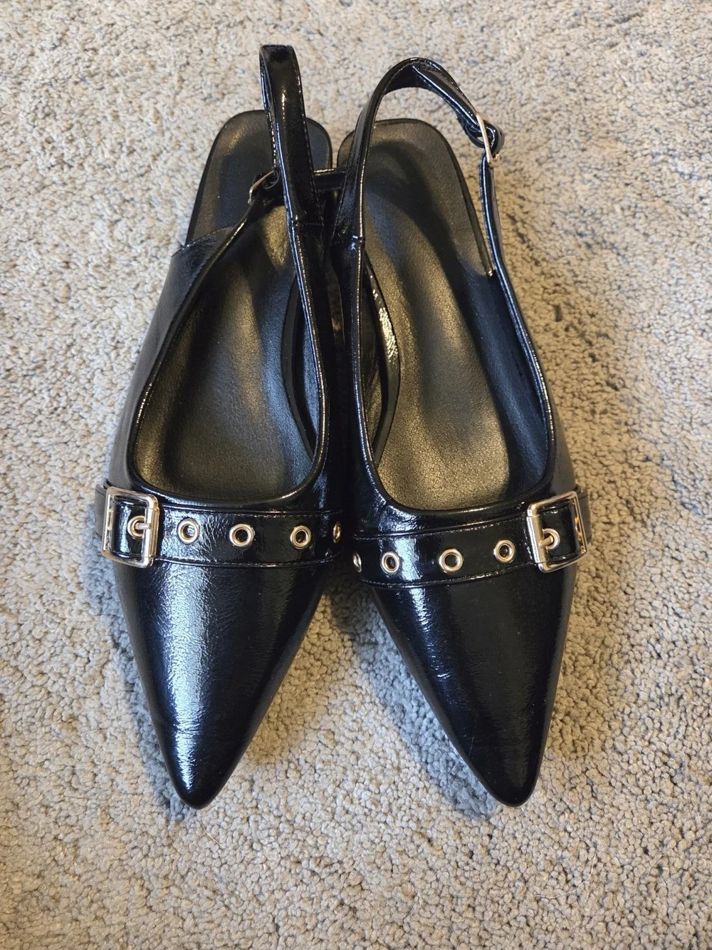 Black Pointed Slingback Flats with Buckle Detail Size 9.5 (41)